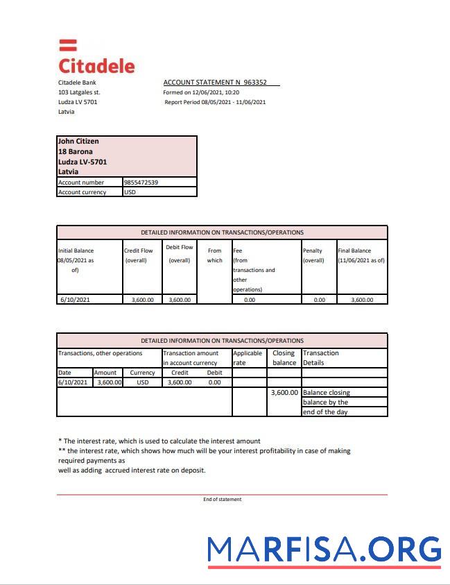 Blank Latvia Citadele bank statement excel sample